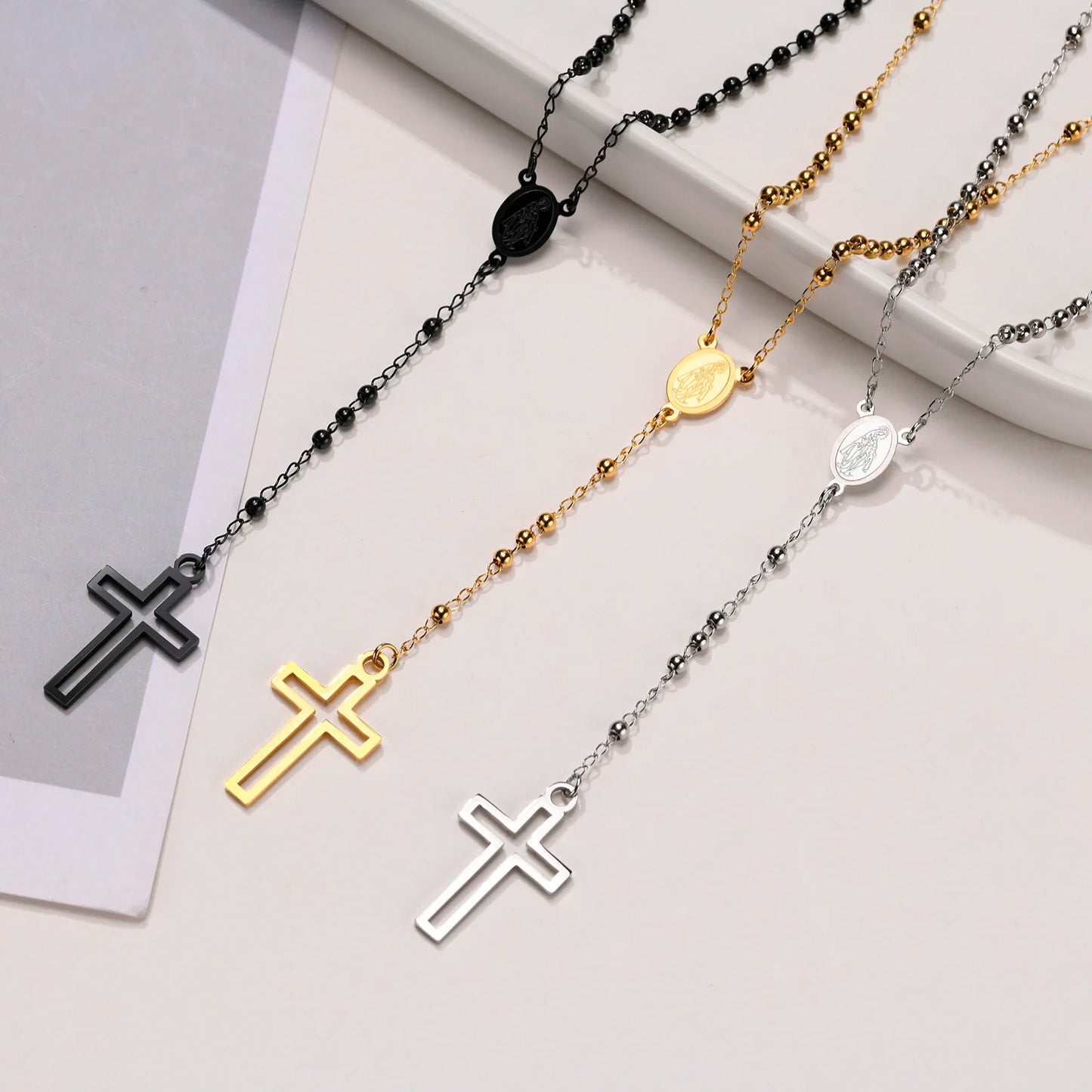 Simply Rosary Necklace,Cross Necklace, Virgin Mary Religious Necklace, Lariat Necklace for Men Women Jewelry