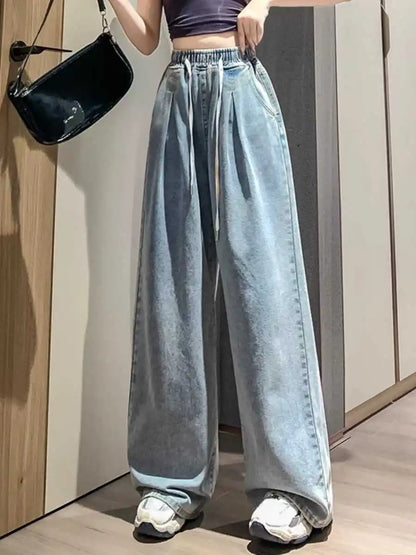 High Waist Straight Leg Dstring Elastic Waist Denim Jeans Women's Spring Autumn Slimming Drapey Lazy Sle Floor Length Pants