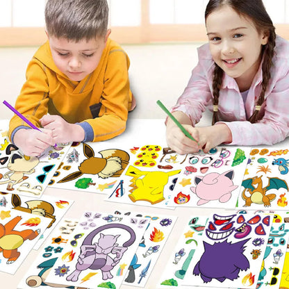 6/12Sheets Cute Pokemon Puzzle Anime Stickers DIY Make-a-Face Assemble Funny Cartoon Decal Assemble Jigsaw Children Boy Toy Gift