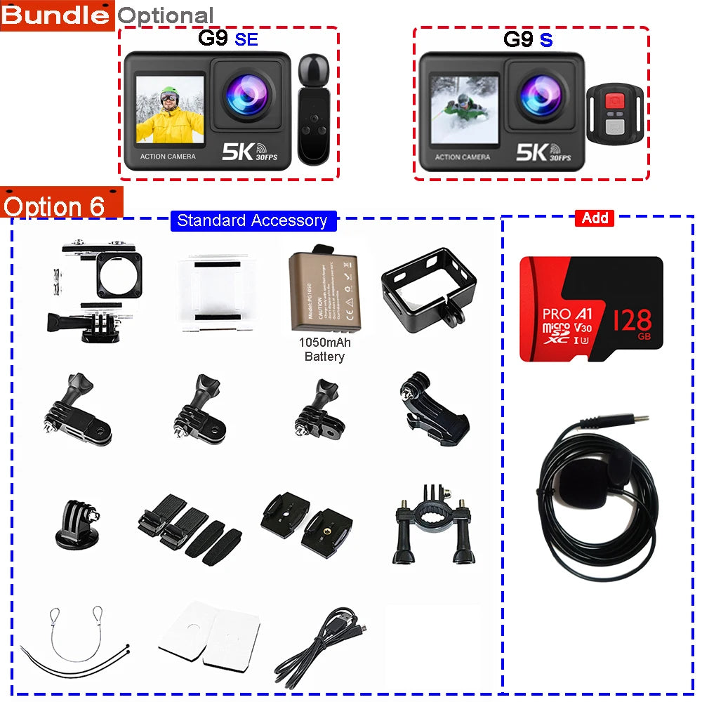 Action Camera 5K 4K60FPS 50MP 2.0 Touch EIS Pre-Record Wireless Mic Wi-Fi 170D DVR Webcam Waterproof 30M 5X Zoom Sports Camera