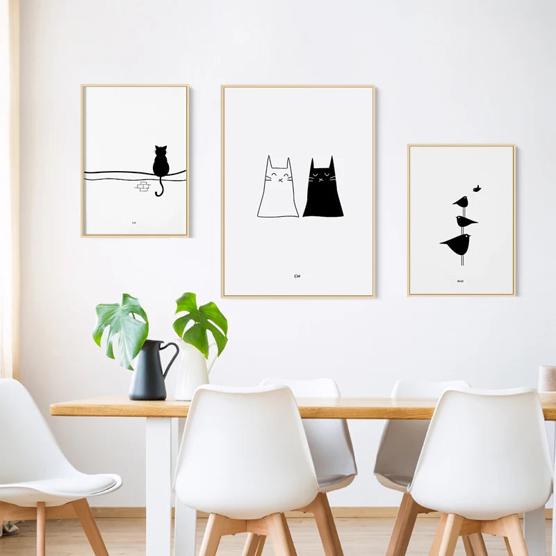 Cats Love Line Canvas Painting Minimalist Decorative Art Print Poster Nordic Black White Wall Picture Decor Nursery Kids Room