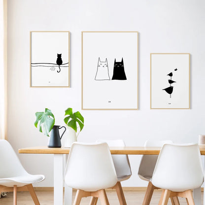 Cats Love Line Canvas Painting Minimalist Decorative Art Print Poster Nordic Black White Wall Picture Decor Nursery Kids Room
