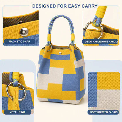 Mini Knitted Bucket Bag Women Small Handbag Geometric Colorblock Wristlet Purse With Detachable Handle