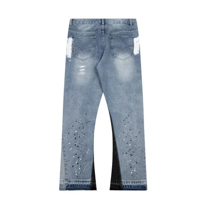 American retro washed letter spliced denim trousers high street trendy brand couple loose straight micro-flared long trousers