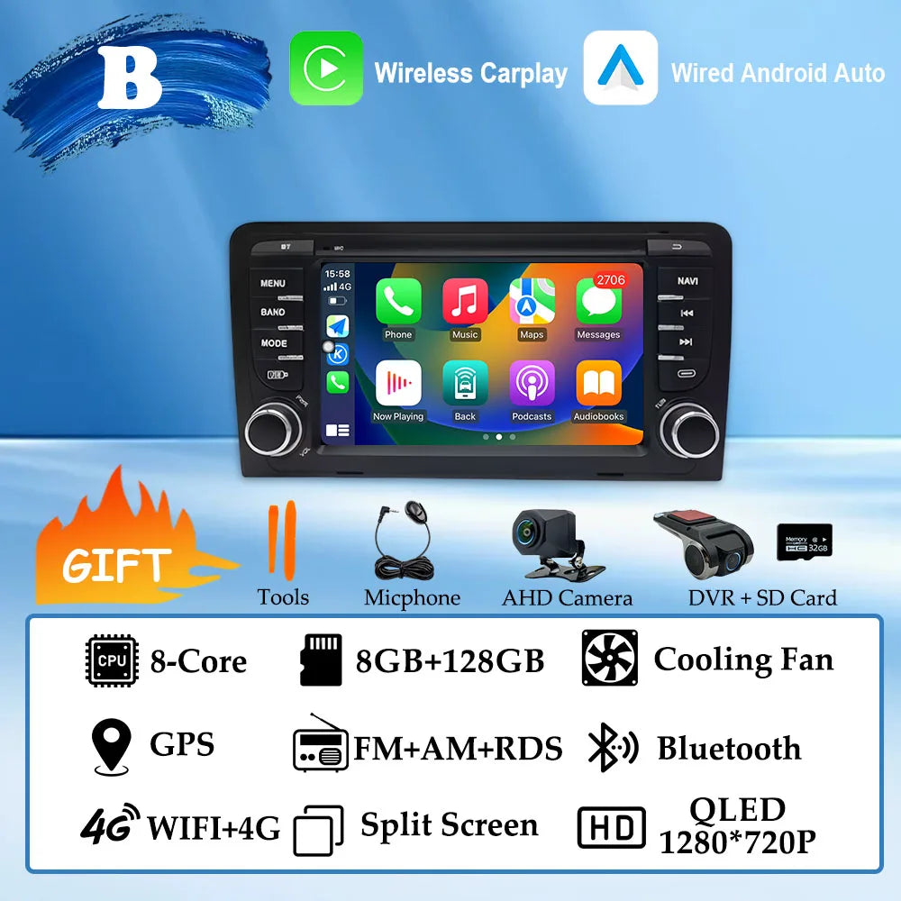 GPS Navigation 7 inch 4G Wifi Car Radio Android 16 for Audi A3 8P 2003-2011 S3 RS3 Sportback CarPlay Multimedia Player Video DSP