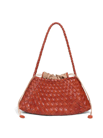 Women's Woven Shoulder Bag Soft Leather Tote Bag with Drawstring Inner Bag 2-In-1 Bucket Bag for Daily Commute Handbag