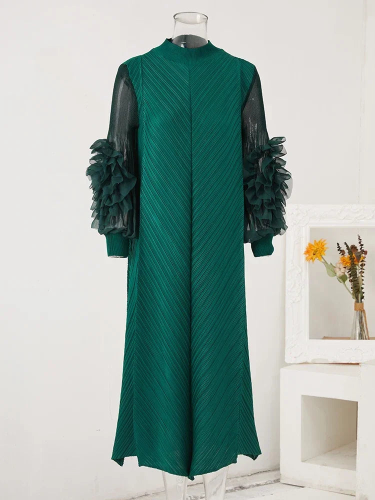 YUDX High Quality Maxi Miyake Pleated Dress Round Neck Spliced Fungus Full Sleeve Dresses For Women 2025 New Spring Clothing