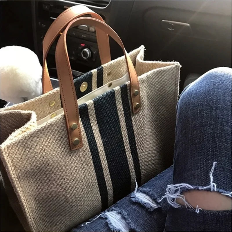 Women's Handbag Professional Commuter Stripe Simple Shoulder Large Bag Large Capacity Canvas Bag