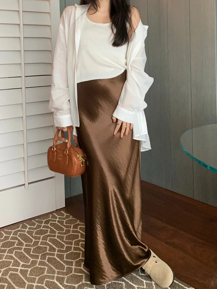 Spring Women's Long Skirts High-waist Luxury Satin Fishtail Skirt Ladies Elegant Loose Solid Gray Black A-line Skirts for Women
