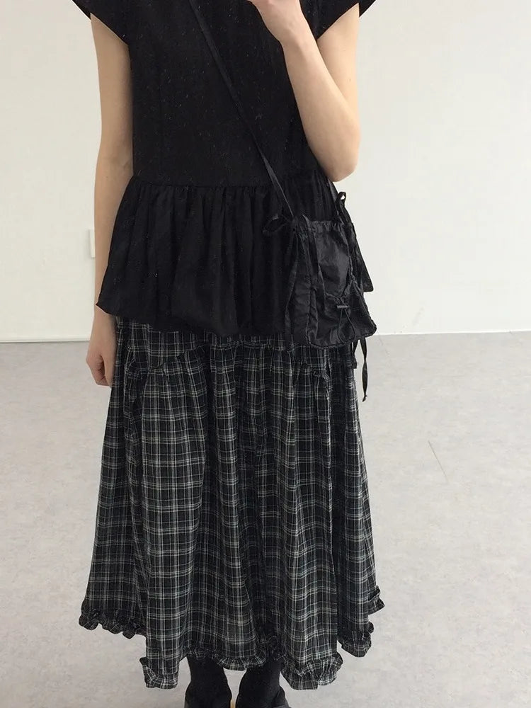 Korean Sle A-Line Midi Skirt Women's Summer 2025 Vintage Versatile High Waist Plaid Lace f-length Skirts