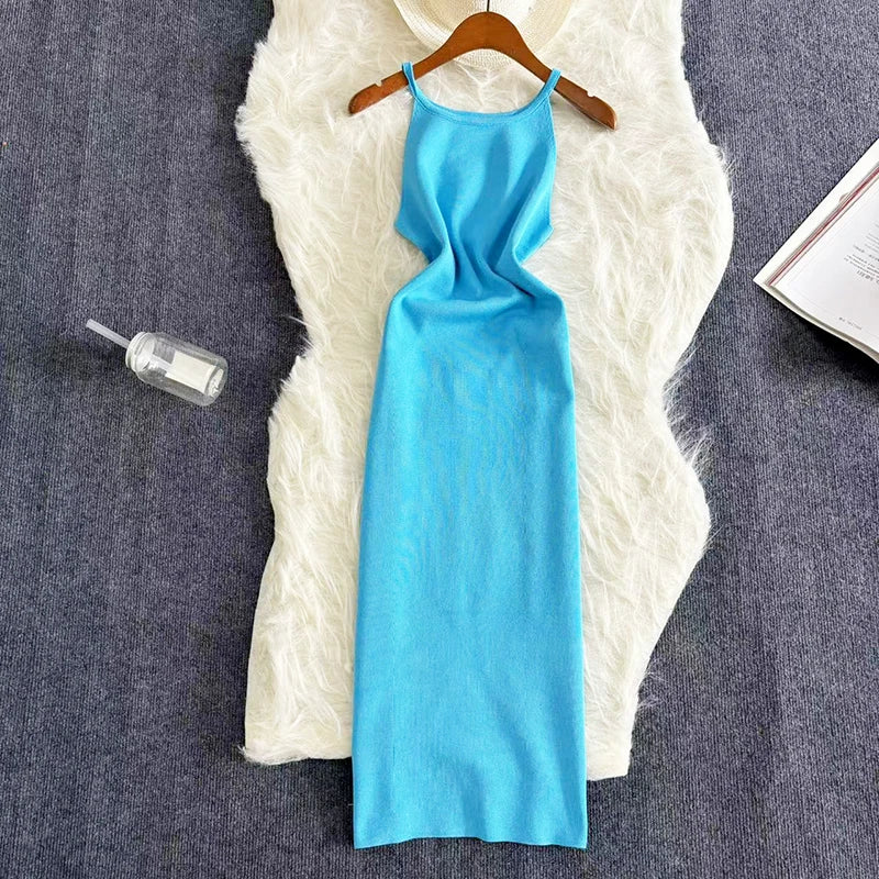 Sexy Summer Knit Strap Dress Women Halter Elatic Waist Bodycon Sundress Female Beach Solid Maxi Long Dress