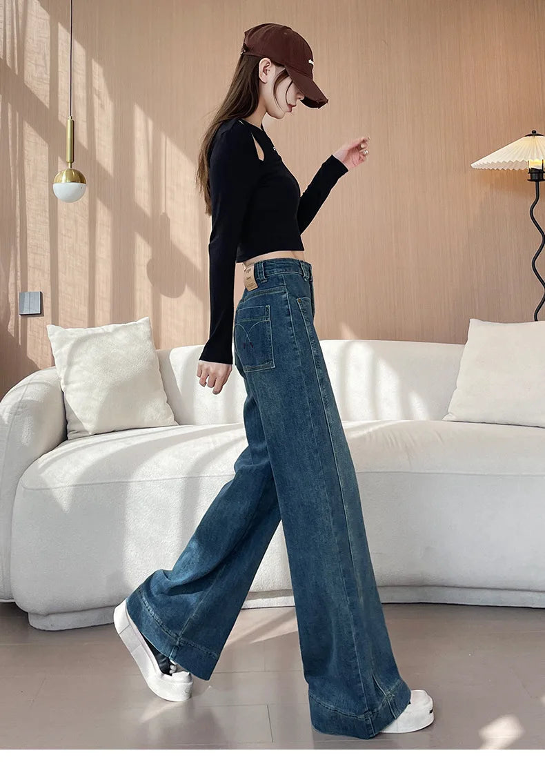 High Street Fashion Stretch Denim Wide-leg Pants, Women's Spring and Autumn New High-waisted Narrow Version Straight Leg Jeans
