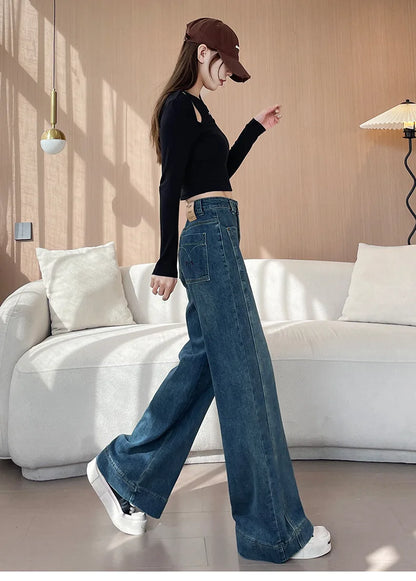 High Street Fashion Stretch Denim Wide-leg Pants, Women's Spring and Autumn New High-waisted Narrow Version Straight Leg Jeans