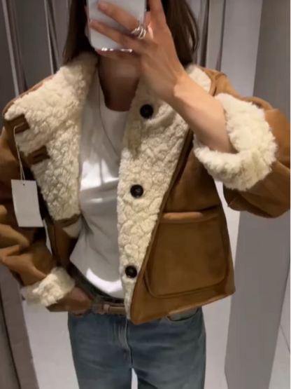 Casual Reversible Lamb Wool Coat Women Stand Collar Single Breasted Pocket Loose Short Warm Jacket Lady Commute Office Jackets