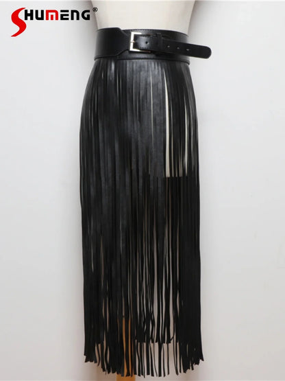 Punk Shot Model Style Belt European American Fashion Extra Long Tassel Waistband Women's Waist Sealed Leather Cummerbunds Skirt
