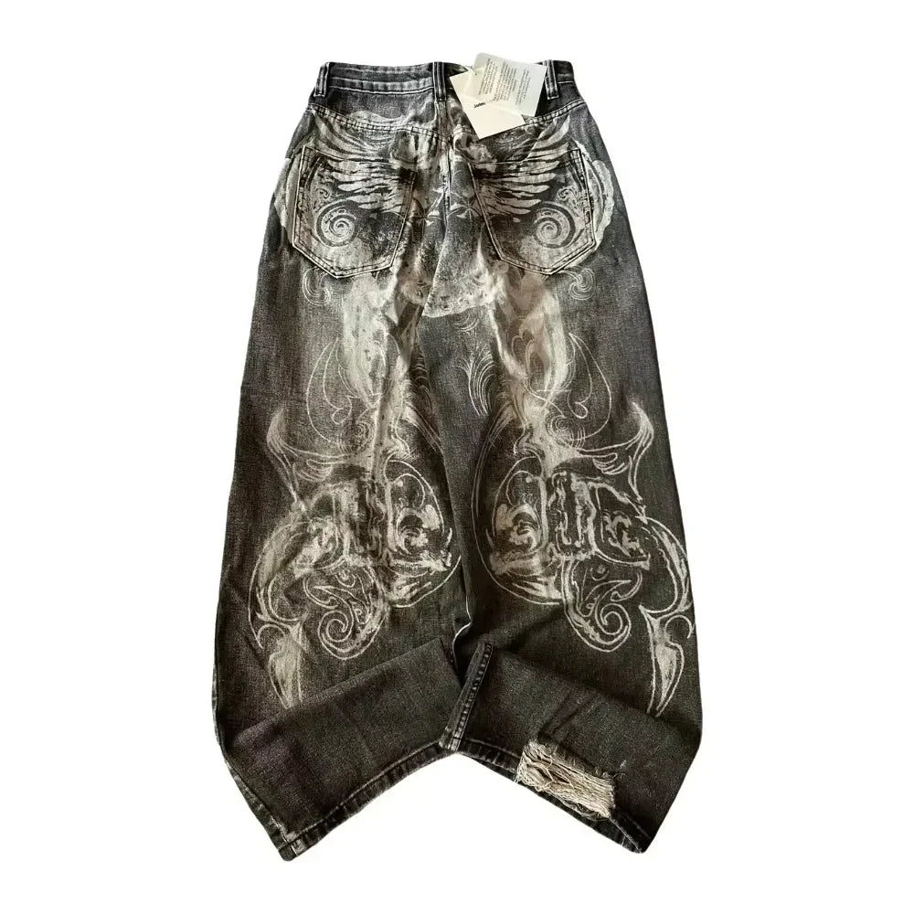 Streetwear New Fashion Red Crown Embroidered Baggy Jeans Women Y2K Gothic Harajuku Hip Hop Popular Casual Joker Couple Jeans