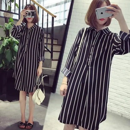 Long Sleeve Striped Printed Shirt Dress Female 2023 Simple All-match Turn-down Collar Fashion Chiffon Dresses Women's Clothing