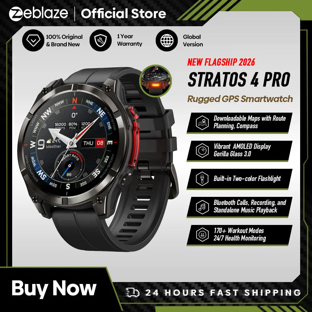 New Zeblaze Stratos 4 Pro GPS Smart Watch 1.43''AMOLED Display Dual-Color Flashlight Music Storage 170+ Workout Modes SmartWatch