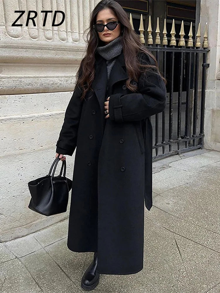Street Women's Woolen Overcoat With Belt Loose Lapel Double Breasted Full Sleeve Long Coats 2025 Autumn Winter Lady Trench Coat