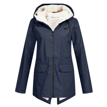 Outdoor Windbreaker Coat Women Trench Coat Waterproof Hooded Outerwear Velvet Thicken Overcoat Zip-up Streetwear Autumn Winter