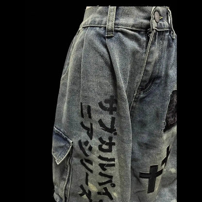 Europe and The United States Diablo Cropped Jeans Women New High Street in Summer To Do Old Creases Patch Wide Leg Pants Unisex