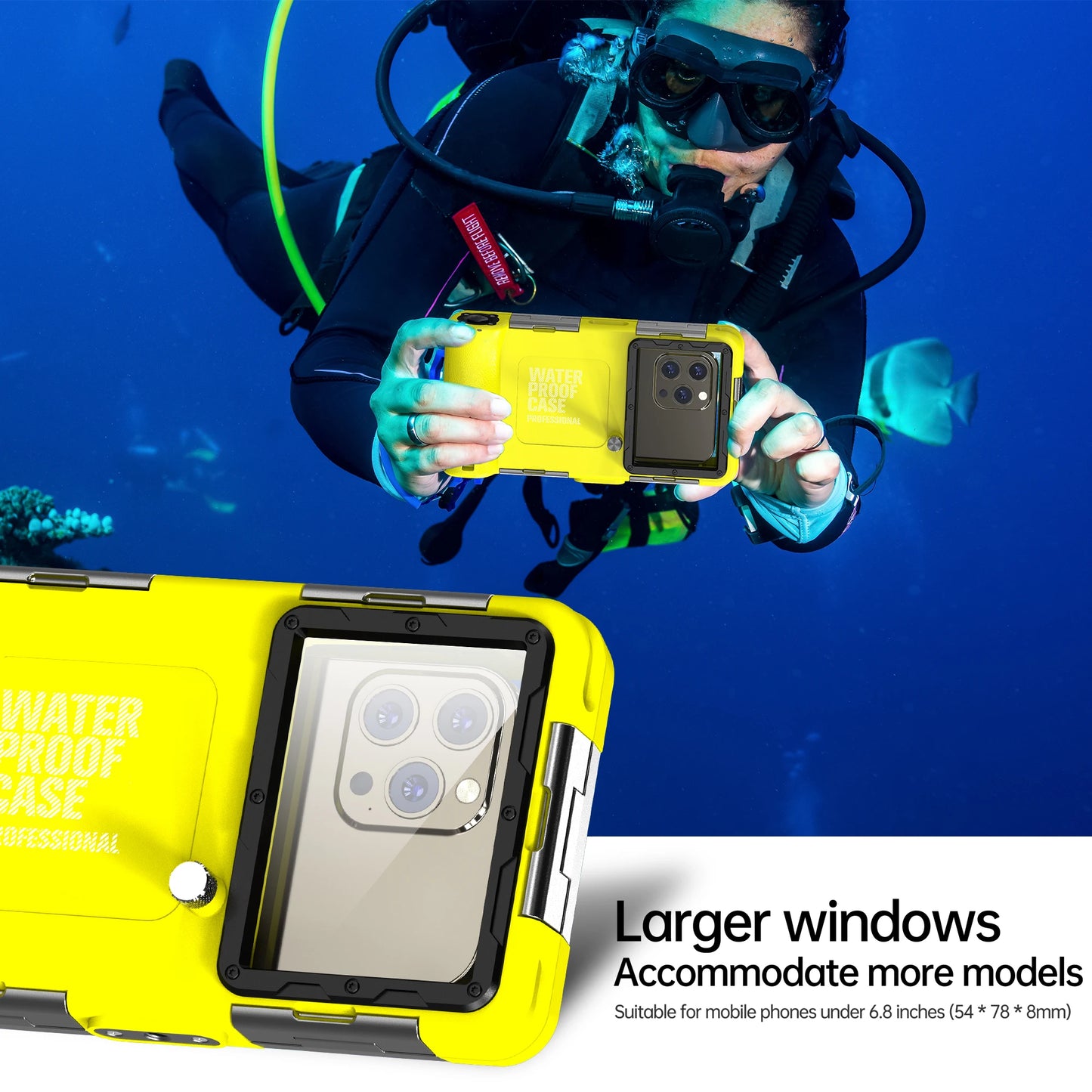 Multi-functional, durable, waterproof, 15m/50ft, universal 6.9 inch waterproof phone case, IP68, professional diving photography
