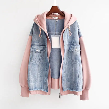 2025 Spring Autumn New Fake Two Piece Denim Jacket Women Loose Splicing Cardigan Hooded Baseball Coat Female Casual Ladies Tops