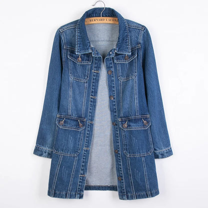 Women Denim Jackets Spring Autumn Long Sleeve Pockets Mid-Length Jean Coat 2024 Fashion All Matched Outerwear