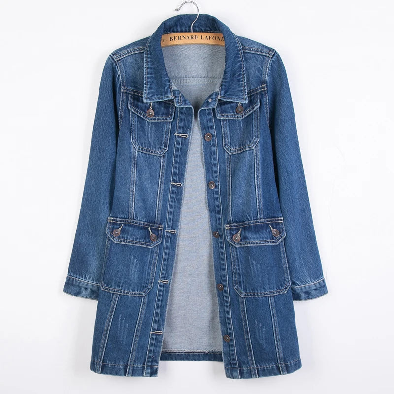 Women Denim Jackets Spring Autumn Long Sleeve Pockets Mid-Length Jean Coat 2024 Fashion All Matched Outerwear
