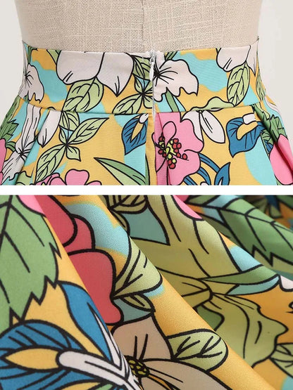 50s Vintage Women Skirt High Waist Floral Print Pleated Midi Retro Summer Swing Holiday Skirts