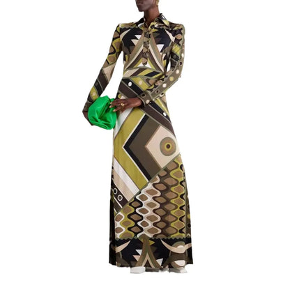Summer 2025 Fashion Printed Tribal Style Dress With A Collar, Long Sleeves, Slit, And Body-hugging Design For Women.