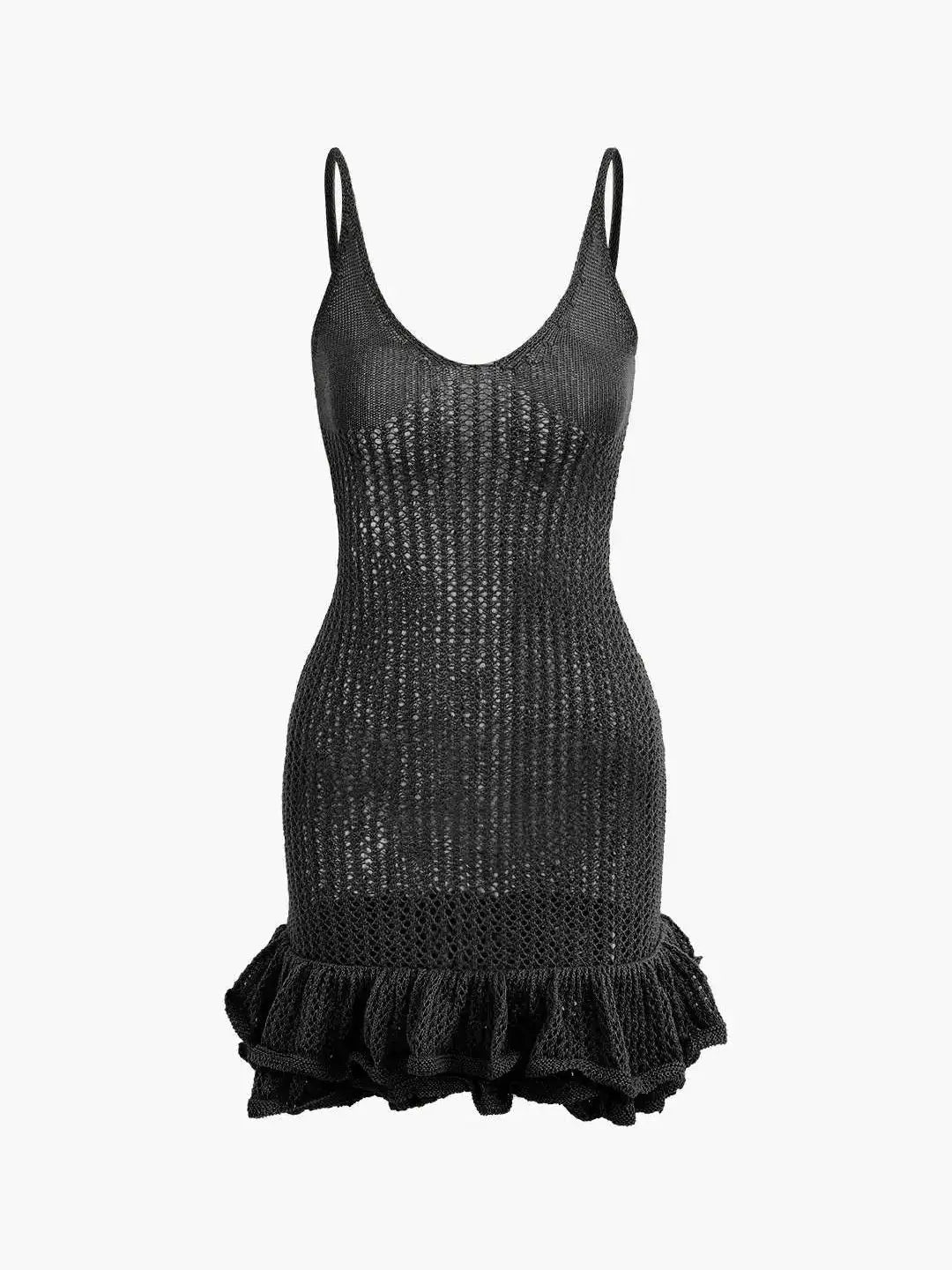 Open Knit Ruffle Hem Cami Mini Dress Crochet Knit Dresses Sleeveless Cover Up Dress Summer Party Female Soild Crochet Dress