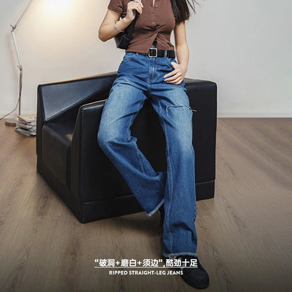 Maden Women Ripped Denim Jeans Washed Jeans 12.8 OZ Vintage Do Old Straight Full Length Pants Mid Waist Casual Blue Jeans