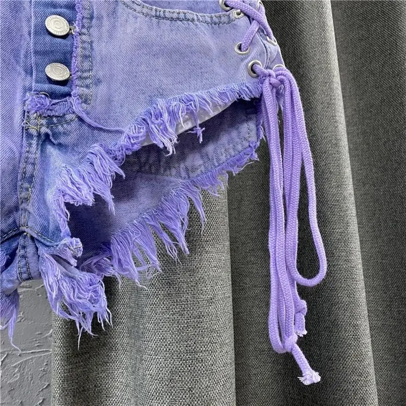 Women's Autumn New Purple Fashionable Sexy Low Rise Single breasted A-line Denim Shorts with Strap Hot Pants