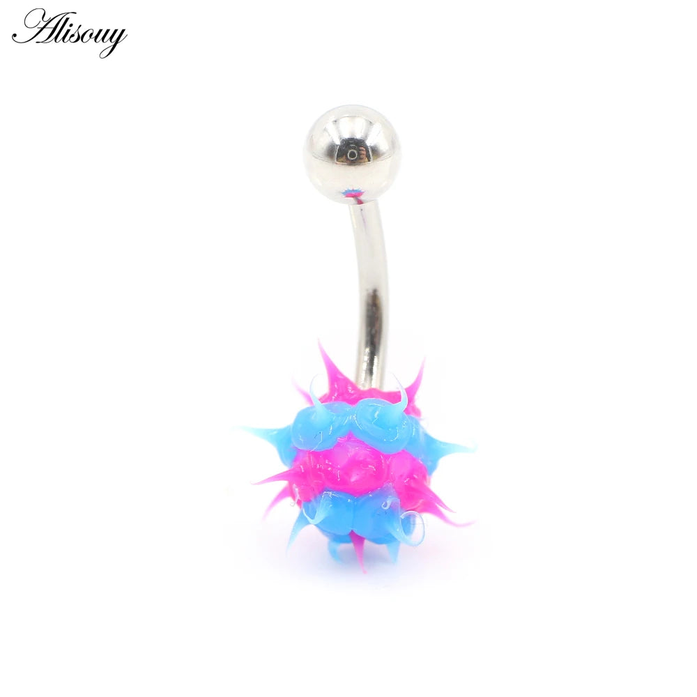 Alisouy 1PC 14G Silicone Rubber Brushed Fuzzy Ball Stainless Steel Bar Girl Women Belly Navel Button Ring Piercing Body Jewelry