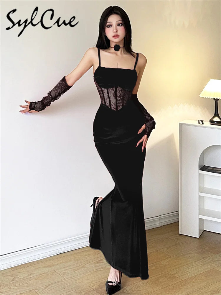 Sylcue Winter Sisters Party Formal Elegant Mature Sexy Beautiful Dirty Women'S Long Lace Fishbone Sling Dress With Sleeve