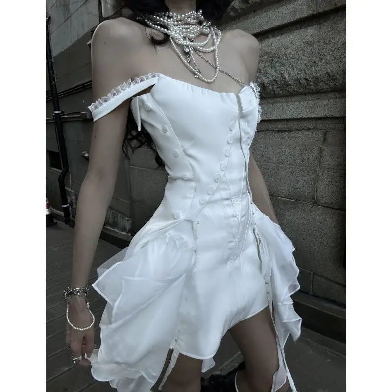 Summer Korean Fashion Y2k Retro Women Dresses Chic White Halter Chiffon Irregular Slimming Design Short Skirt Woman Clothes 2025