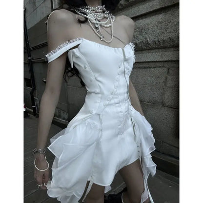 Summer Korean Fashion Y2k Retro Women Dresses Chic White Halter Chiffon Irregular Slimming Design Short Skirt Woman Clothes 2025