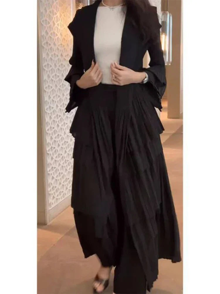 YUDX Miyake Pleated Spliced Ruffles Trench Coat Women Lapel Full Flare Sleeve Single Button Solid Color New 2025 Outwear Tops
