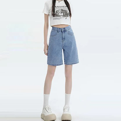 High Waist Wide Leg Five Inch Denim orts Women's Hip Covering Loose Straight Cut Student 5 Point mid Pants Retro Sle