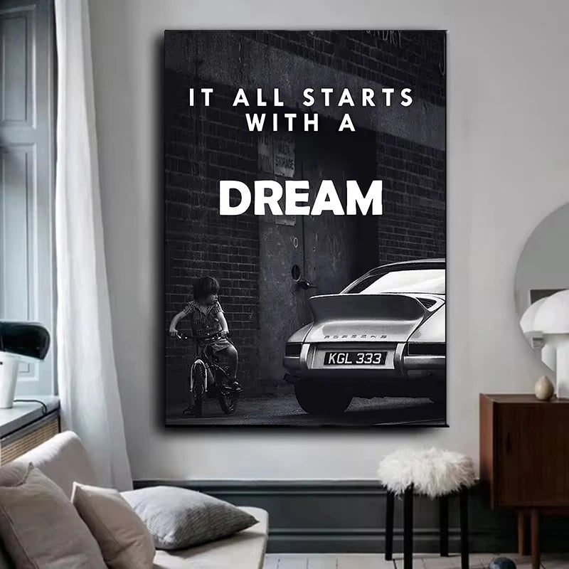 Poster Wall Art Decorative Paintings Canvas for Home Decor Black and White it All Starts with a Dream Room Decor Prints Cuadros