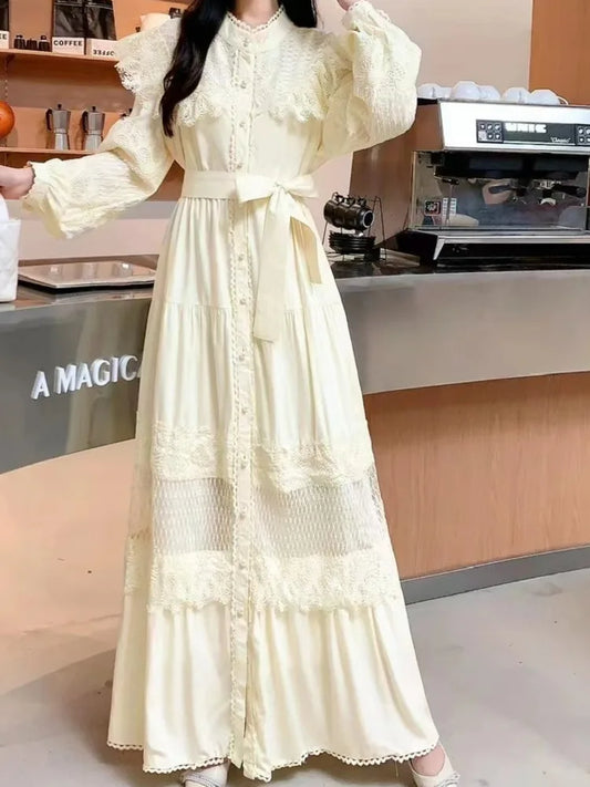 LGRQ For Women's Lace-up Single Breasted Lace Dress Fashion Hollow Out Bead Button Round Neck Dresses 2025 Autumn New Clothing