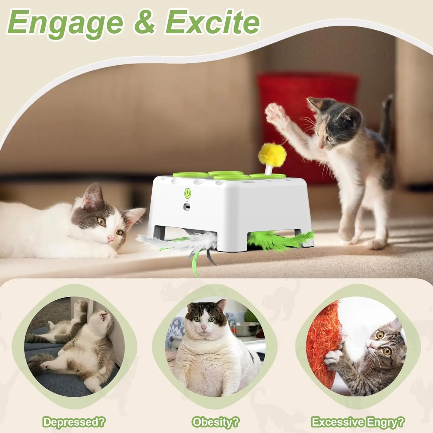 Whack A Mole Automatic Pop-Up Rechargeable Feather Toy for Cats Dogs Interactive Playing Kitten Training Pet Supplies