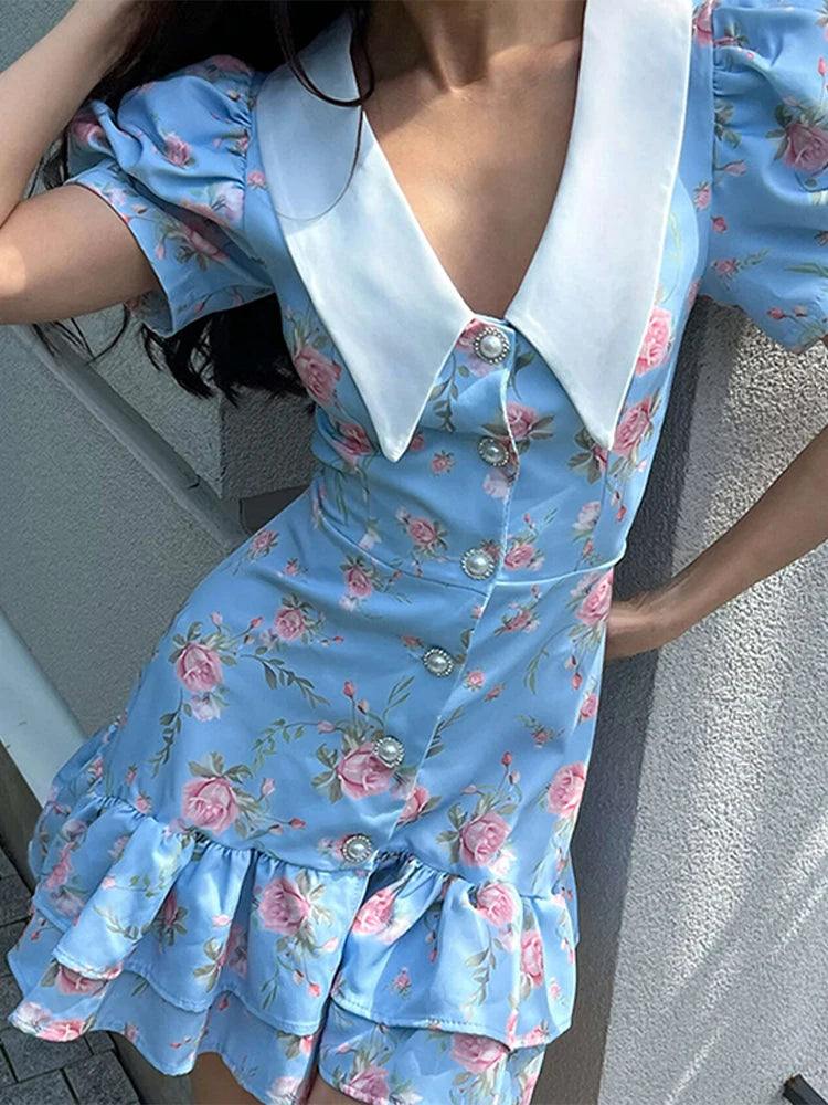 Short Puff Sleeves Print Ruffled Hem Dress Women V-Neck  Pearl Buttons High Waist A-line Mini Dress Female Holiday Slim Robe