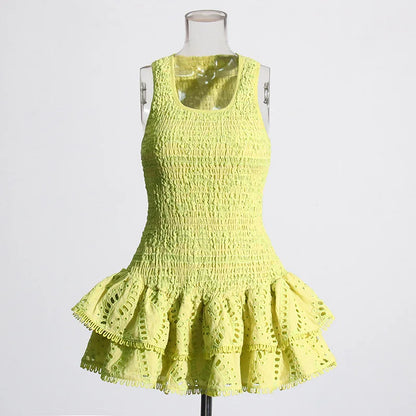 Embroidered Lotus Leaf Edge Dresses Spring Women Sleeveless Mini Strap Dress Summer High Waist Pullover Short Camisole Dress