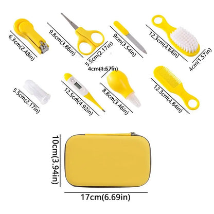 8pcs EVA Bag Baby Health Care Kit Soft Bristle Brush Material Safety Newborn Grooming Kit Nail Clippers Comb Thermometer