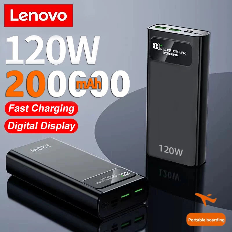 Lenovo 200000mAh Power Bank 120W Fast Charging Super Large Capacity Outdoor Powerbank For Mutly Device With LED Digital Display