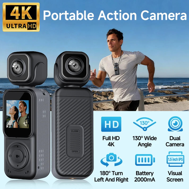 Handheld Dual Camera Action Camera with 1.5 Inch IPS Screen Supports Simultaneous Recording with WiFi And Mobile App Connection