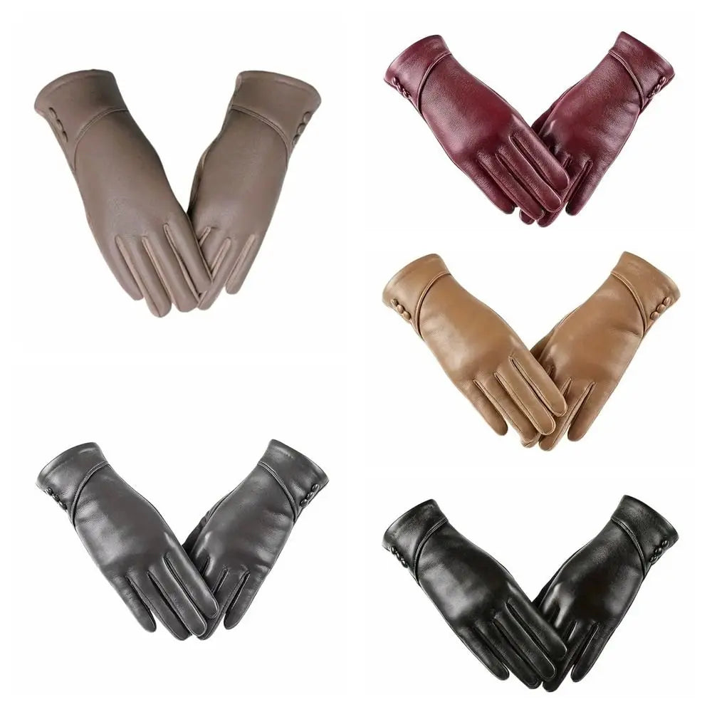 Simple Solid Color Full Finger Mittens Button Thickened Women Leather Gloves Windproof Keep Warm Touch Screen Gloves Outdooor