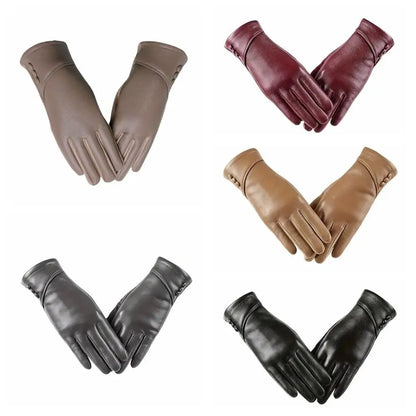 Simple Solid Color Full Finger Mittens Button Thickened Women Leather Gloves Windproof Keep Warm Touch Screen Gloves Outdooor